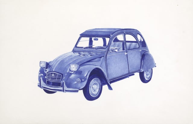 2CV, 2016 Dessin au stylo à bille bleu 32 x 50 cm, KO-1634 ©KONRAD