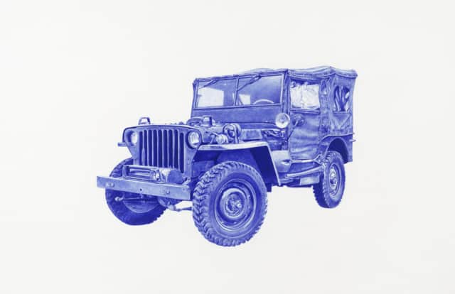 Jeep, 2016 Dessin au stylo à bille bleu 32 x 50 cm, KO-1633 ©KONRAD