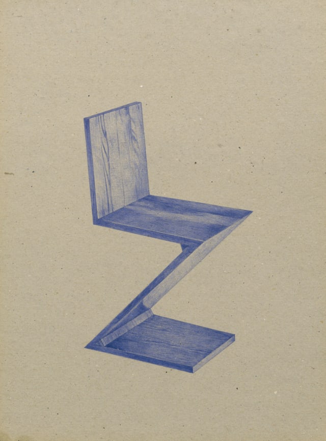 Chaise Zig-Zag (1933), Gerrit Rietveld, 2016 Dessin au stylo à bille bleu sur carton 40 x 30 cm, KO-1609 ©KONRAD