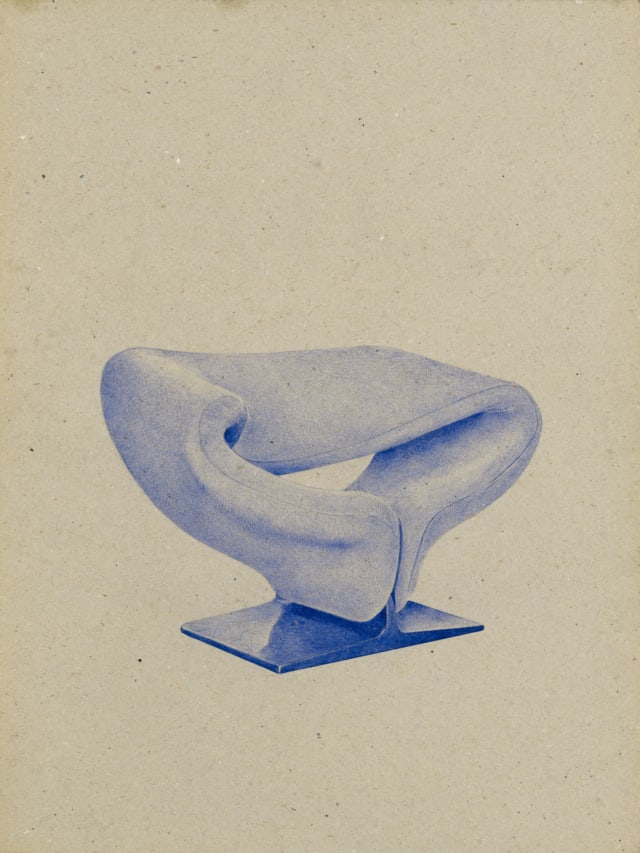 Fauteuil Ribbon (1965), Pierre Paulin, 2016 Dessin au stylo à bille bleu sur carton 40 x 30 cm, KO-1615 ©KONRAD