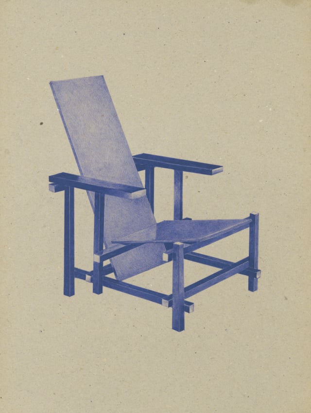 Red Blue Chair (1917-1923), Gerrit Rietveld, 2016 Dessin au stylo à bille bleu sur carton 40 x 30 cm, KO-1619 ©KONRAD