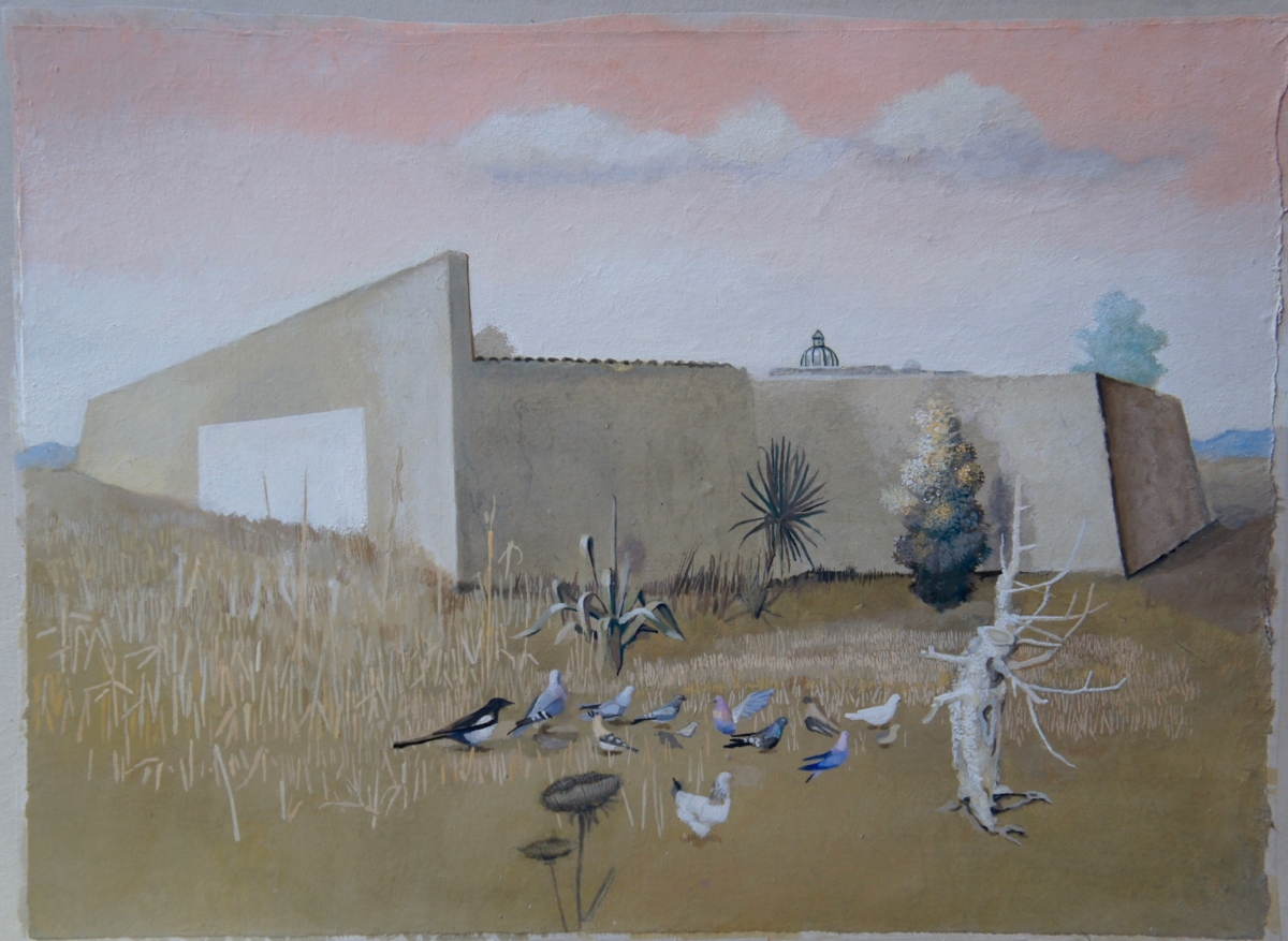 la pie, la poule et les palombes, 2020 peinture détrempe sur papier marouflé 32 x 44,5 cm DP228 ©Denis Polge 