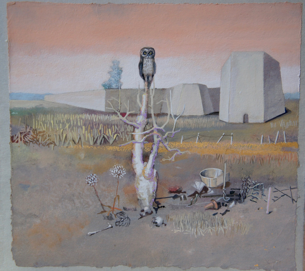 la chouette et le joli squelette, 2020 peinture détrempe sur papier marouflé 28,5 x 31 cm DP229 © Denis Polge 