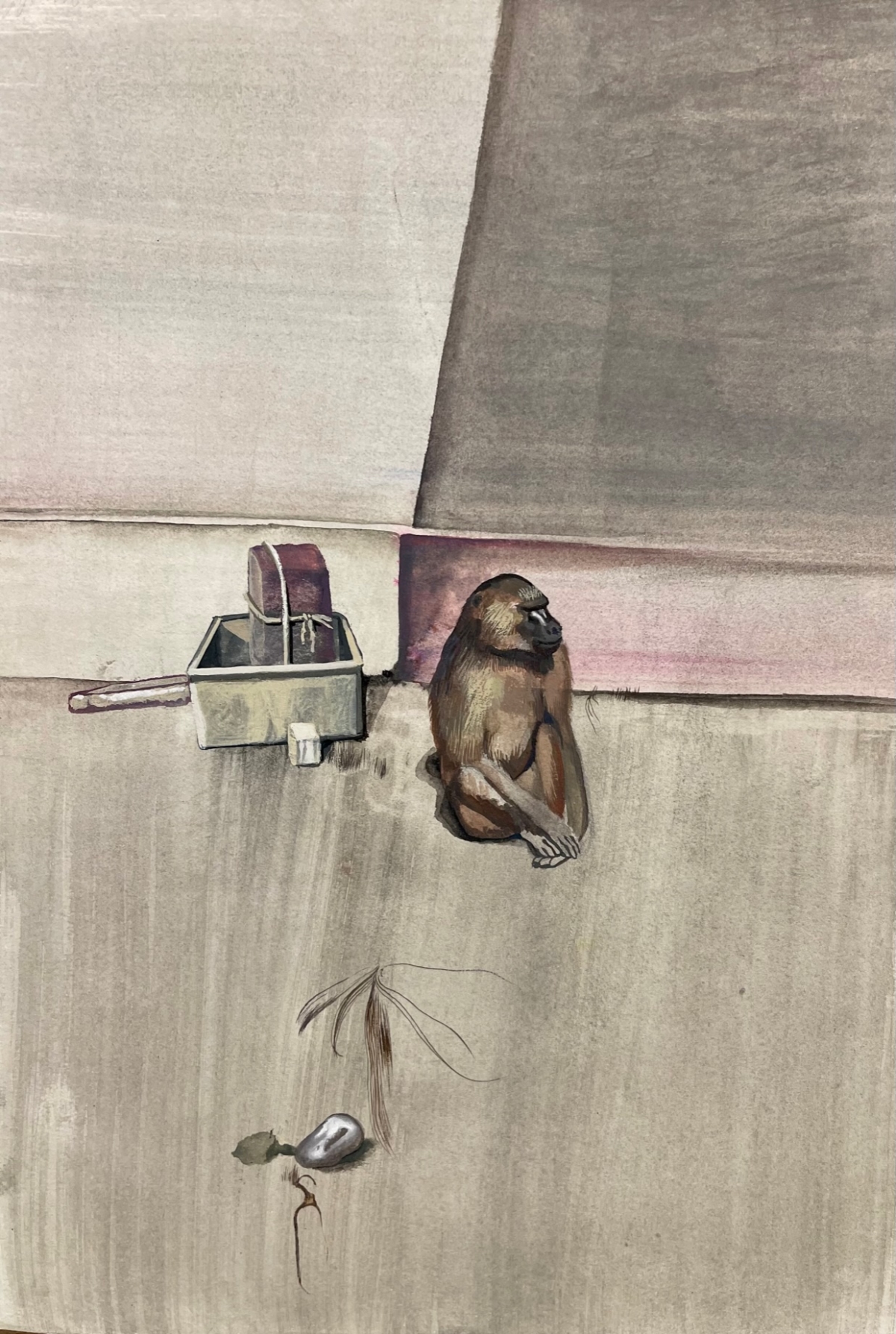 le singe aux boites, 2020 peinture détrempe sur papier marouflé 30 x 21 cm DP251 ©Denis Polge 