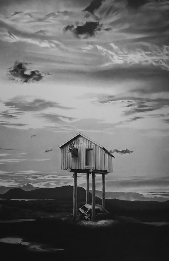 Fenêtre sur western, 2024 dessin pierre noire et graphite sur papier 90 x 60 cm RT1036 Raphaël Tachdjian