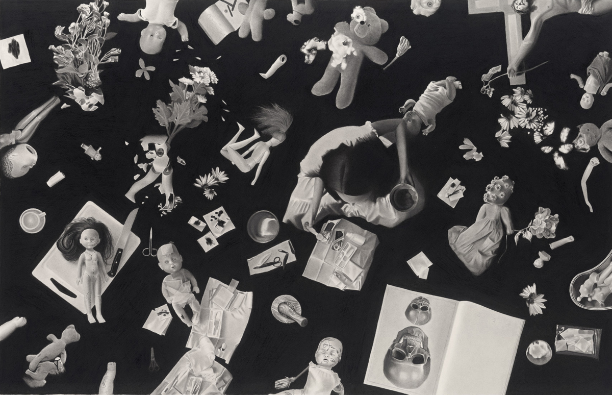 Tous les jouets ont déjà pleurés, 2025 dessin pierre noire et graphite sur papier 61x95 cm RT1049 ©Raphaël Tachdjian 