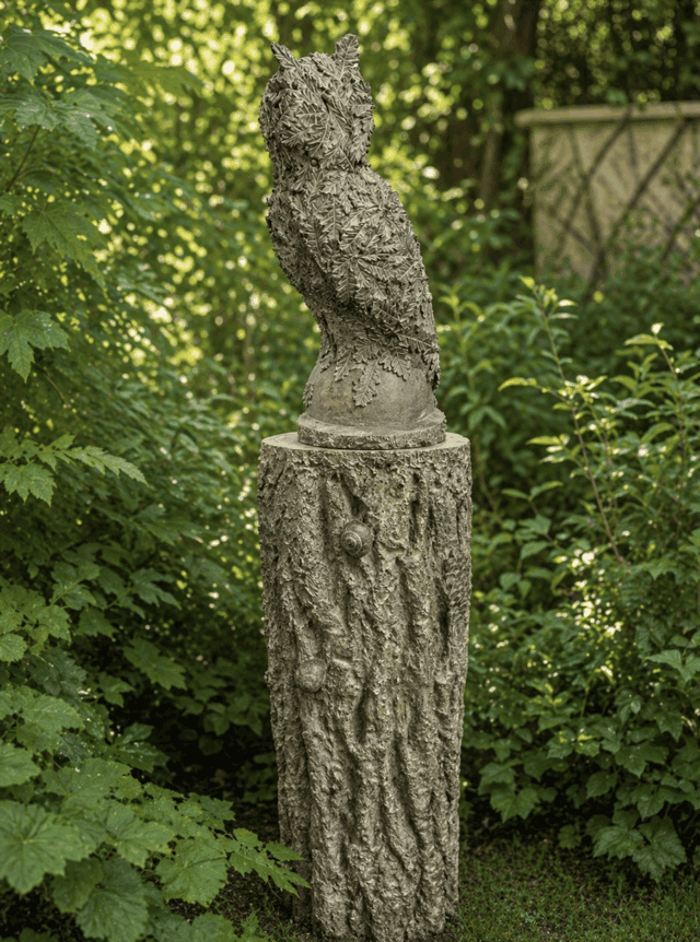 Oak and Owl (vue in situ jardin), 2025 sculpture bronze patine vert bronze 30x30x67 cm + socle 33x33x69 cm MF-2508  ©Matthieu Faury 