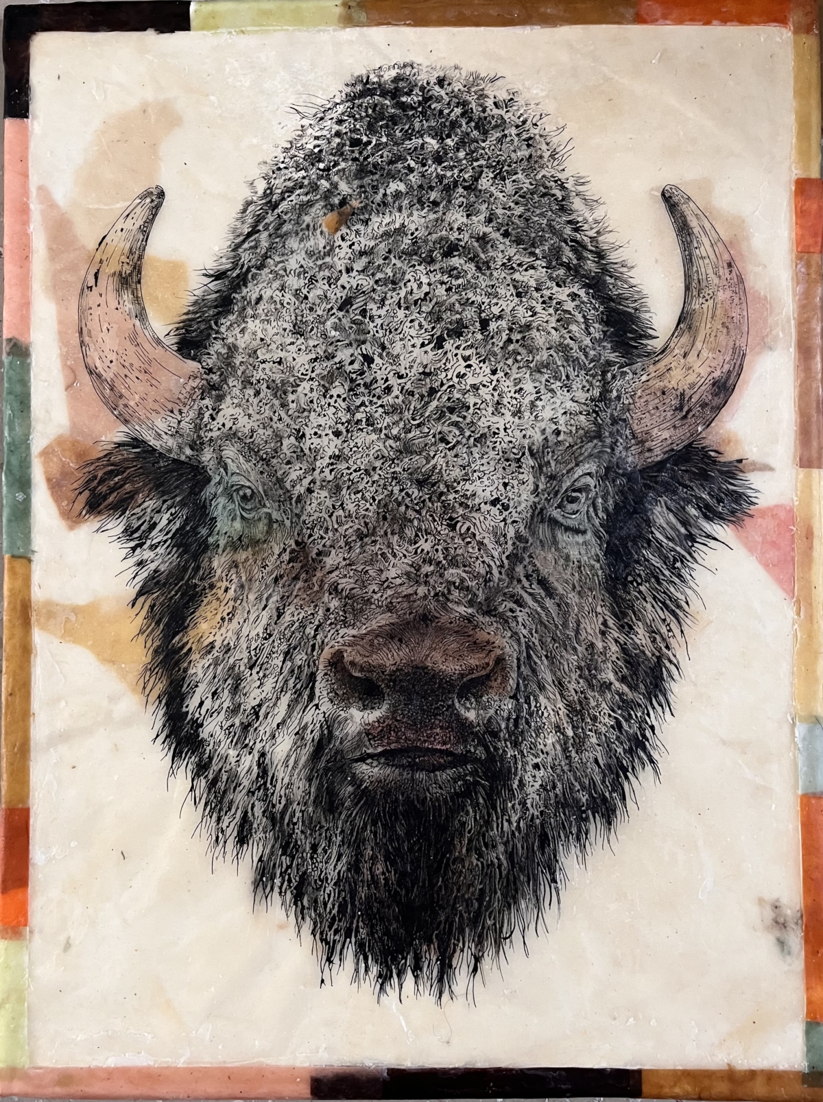 Bison, Bison, Bison, 2026 dessin encre sur papier de riz, cire d'abeille et cire de cierge consumés marouflé sur toile 70x50 cm CB-2619  ©Corine Borgnet