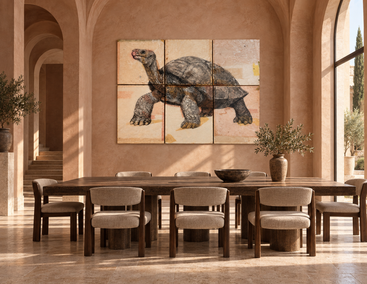 Pinta Island Tortoise - échelle 1, 2026 6 dessins encre sur papier de riz, cire d'abeille et cire de cierge consumés marouflé sur toile 140x150 cm CB-2622  ©Corine Borgnet